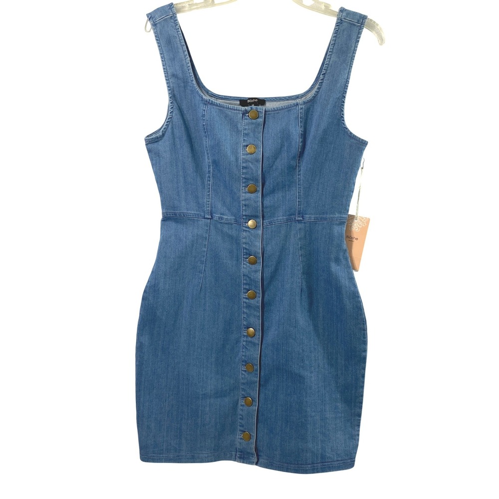Blashe Denim Dress Womens Medium Blue Button Front Square Neck Sleeveless Jumper